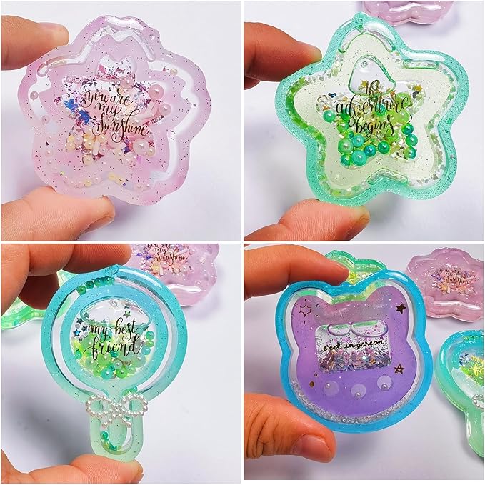 Resin Shaker Molds Set Kawaii Keychain Charms Pack of 9 Epoxy Silicone Trays Precision Tip Applicator Bottle Kit Bundle