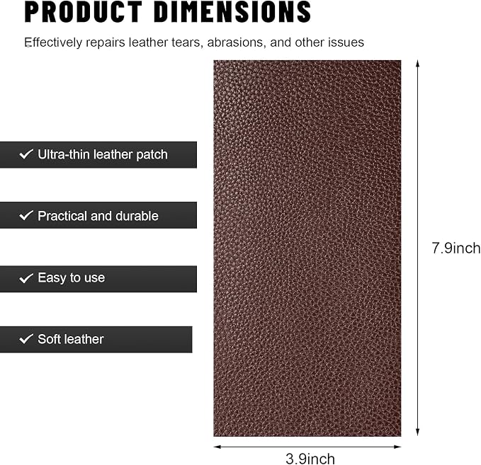 2 PCS Leather Repair Patch Tape, 4×8 Inch Waterproof PU Leather Tape Auto Upholstery Repair Patches, Self-Adhesive Cuttable Patch for Repairing Car Seats Sofas Chairs (Dark Brown)