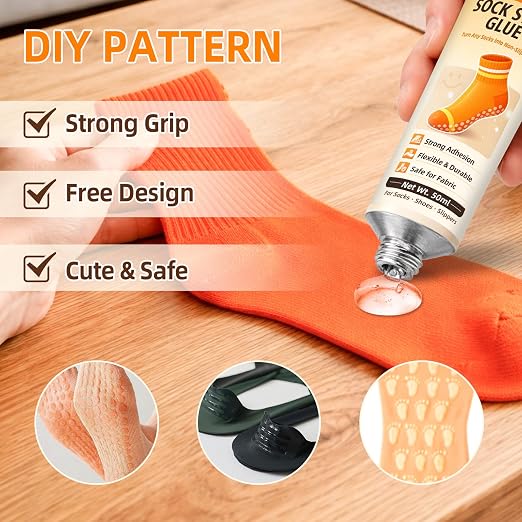 Sock Stop Glue, 2-Pack of 1.69 fl oz Each Sock Stop Anti Slip Adhesive Suitable for Children and Elder, Clear Waterproof Non Slip Sock Glue for Socks, Blankets, and Floor Mats