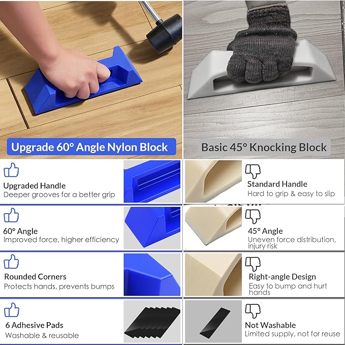 10PCS Floor Gap Fixer Tool Kit, Floor Repair Tools with Upgrade 60° Angle Nylon Block, Rubber Mallet & 6 Washable Adhesive Pads, Plank Grabber for Vinyl Laminate Hardwood Flooring Repair