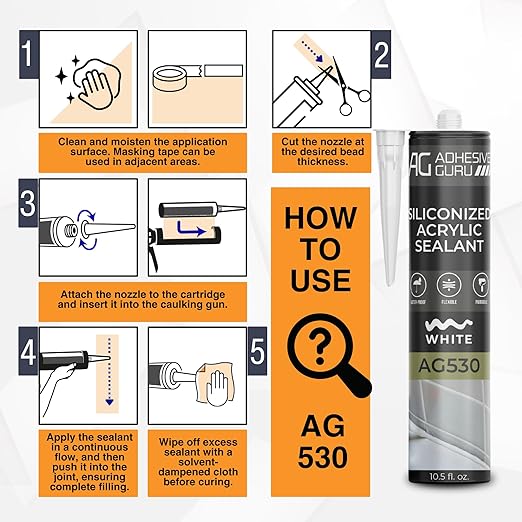 Adhesive Guru AG530 Siliconized Acrylic Sealant (10.5 fl oz), Waterproof Paintable Caulk for Bathtubs, Windows, Showers, Indoor Outdoor Caulking Weatherproof, White - 1 Pack