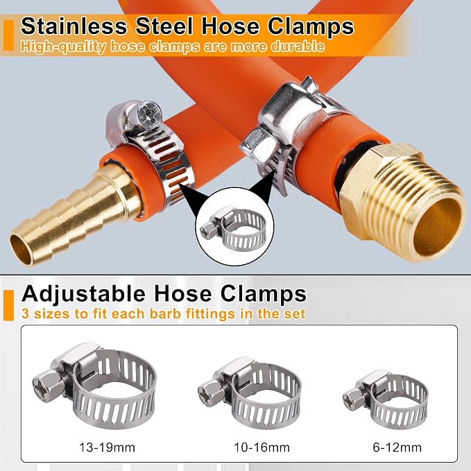 48PCS Brass Hose Barb Fittings,Barb Splicer Mender 3/16" 1/4" 5/16" 3/8" 1/2" 5/8" and Male Thread Adapter 3/8" Barbed to 1/4" NPT, 1/4" Barbed to 1/4" NPT Male with 96Pcs Pipe Hose Clamps