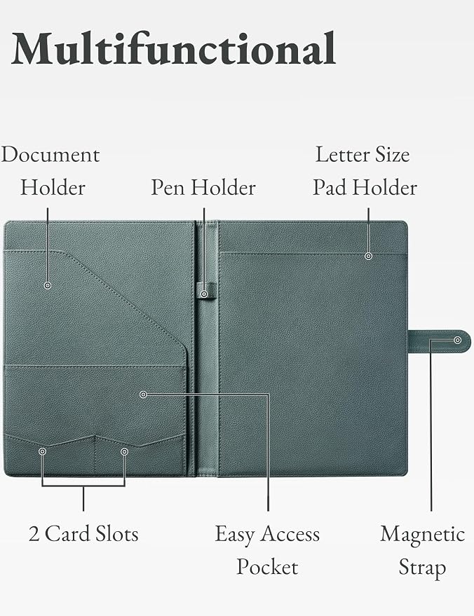 Mymazn Padfolio Portfolio Folder, Faux Leather Interview Resume Folder with Document Organizer & Business Card Holder, Letter-Sized Notepad Legal Pad Holder for Men Women (Grey Green) | Faux Leather Binder with Document Organizer, Business Card Holder,...