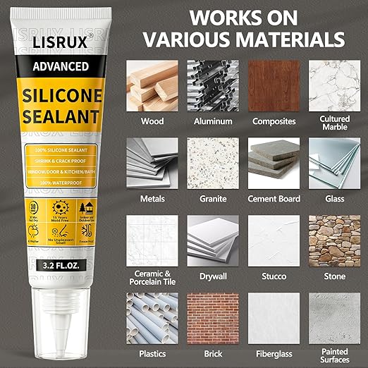 LISRUX Advanced Clear Silicone Caulk for Kitchen & Bathroom - 6 Pack (3.2 Fl Oz Each) | 100% Waterproof Silicone Sealant | Super Strong Adhesion, Shrink & Crack Proof