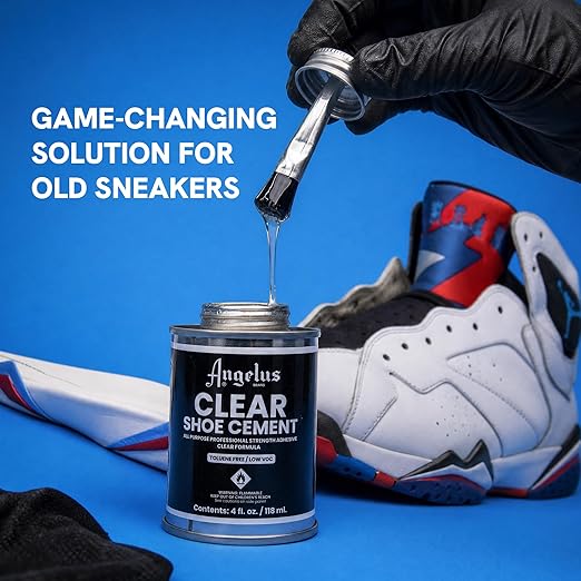 Angelus Clear Shoe Cement - 4 oz Professional-Strength Glue Quick Drying Contact Adhesive for Leather, Vinyl & Fabric - Dries Clear, No Stains, Waterproof Shoe & Sneaker Rubber Cement Glue with Brush