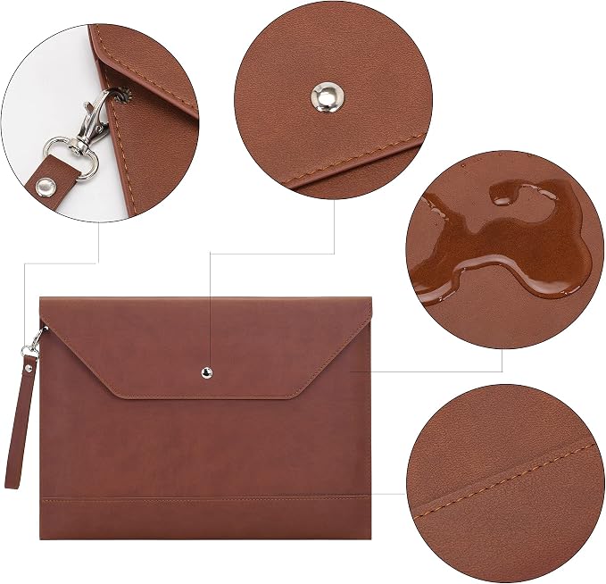 Wonderpool Envelope Case A4 PU Leather File Jacket Pocket Folder Document Case Bag with Removable Hand Strap and 4 Pocket for Documents Tablet Phone Stationery (Coffee)