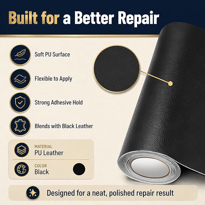 CHEIGHY Leather Repair Kit for Furniture - Advanced PU, Strong Self Adhesive Leather Repair Patch for Couch 3.9X79 inch Vinyl Repair Tape for Car Seat Upholstery Sofa Office Chair (Black)
