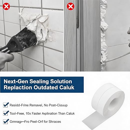 White Waterproof Caulk Tape 16.4 Feet Self Adhesive Peel and Stick Sealing Strip with Scraper Tool, Flexible PVC Caulk Strip for Shower, Tub, Toilet, Kitchen Countertop Indoor Edge Sealing
