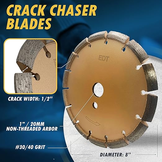 8" Crack Chaser Blade for Cured Concrete, Asphalt Repair or Joint Widen, 0.5" Width, 1"/20mm Arbor