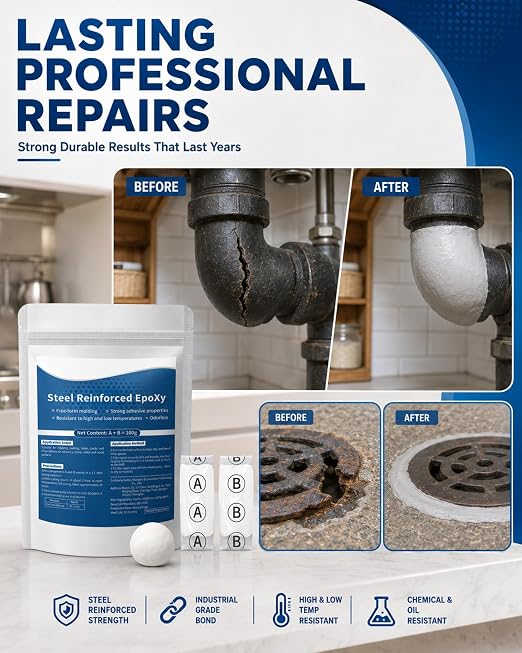 Steel Reinforced AB Epoxy Putty,High Strength Waterproof Heatproof Repair Clay,Multipurpose 2-Part Epoxy Filler for Pipes,Railings,Metal,Wood,Stone,Ceramic & Plastic Surface Restoration