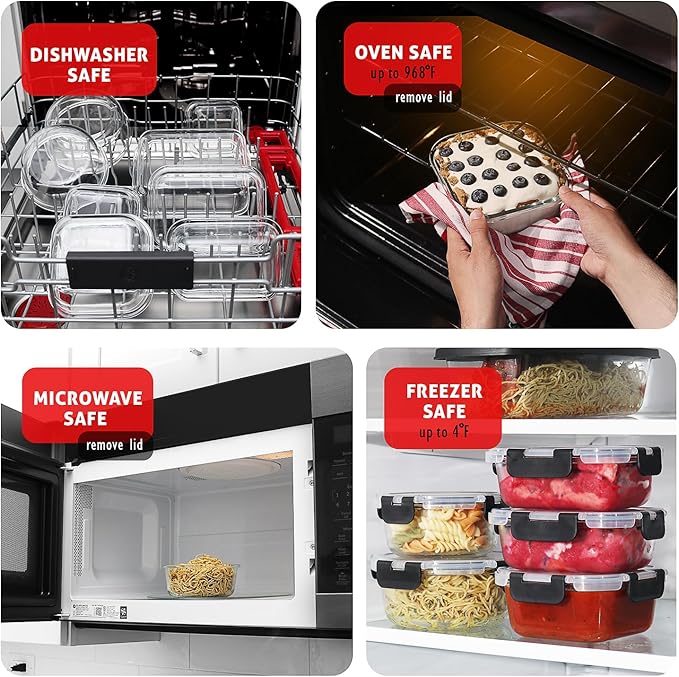 EATEX 48pc Glass Storage Containers with Lids, 24 Set Glass Food Storage Containers with 24 Airtight Lids, Pantry Kitchen Meal Prep Containers for Lunch, Freezer Storage Containers, Dishwasher Safe