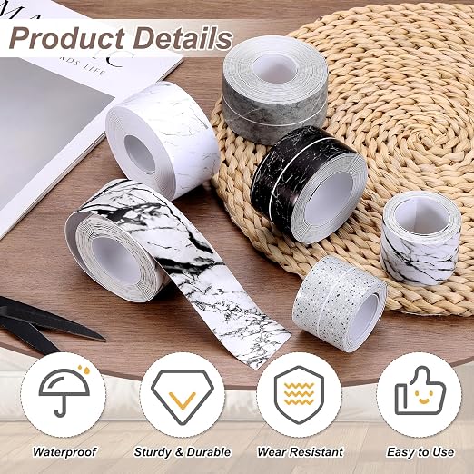 uxcell Caulk Tape Waterproof, 1.42 Inch x 16.4 ft Self-Adhesive Sealant Sealing Strip Caulking Sealant Tape PVC with Tool for Kitchen Sink Toilet Bathroom Bathtub Floor, Black Marble