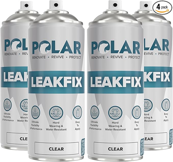 Polar Clear Leak Fix Spray - 4 x 13.5fl. oz - Waterproof Roof Sealant - Instantly Seals Leaks and Cracks, for Lasting Protection on Roofs, Drainpipes & Gutter Repairs- for Interior and Exterior Use