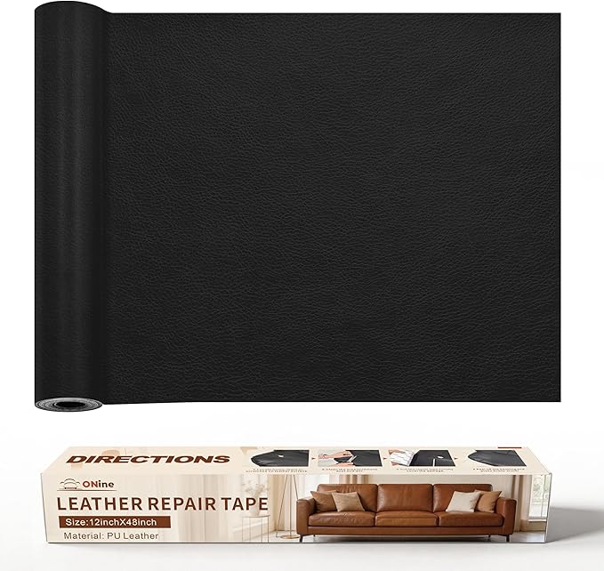 ONine Leather Repair Patch，Leather Repair Tape, 12 x 48 inches Leather Repair Patch for Furniture,Vinyl Repair Kit，Leather Couch Patch，for Sofas, Furniture, Car Seats, Office Chairs(Black)