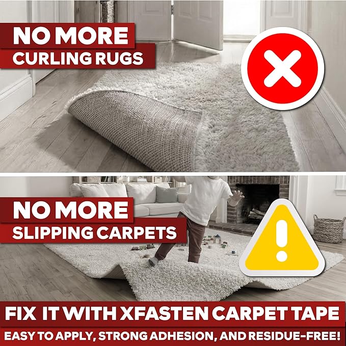 XFasten Double Sided Carpet Tape for Area Rugs, 2 Inch x 10 Yards 1-Inch Core – Heavy Duty Anti Slip Rug Grip Tape, Works as Rug Gripper, Wood Safe, Easy Removal for Hardwood and Laminate Floors