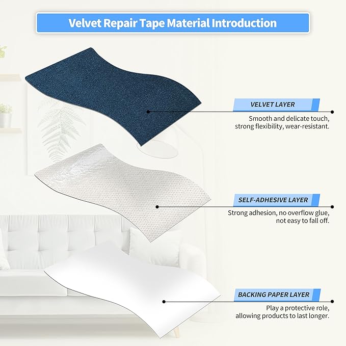 KING MOUNTAIN Couch Fabric Repair Patch, Fabric Patches for Furniture, 4" x 63" Waterproof Velvet Repair Tape for Sofas, Car Seats, Furniture, Upholstery Fabrics and Velvet Goods. （Dark Blue）