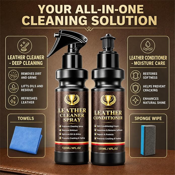 Leather Cleaner and Conditioner, 2-in-1 Leather Care Kit for Car Seats, Furniture, Shoes and Bags, Cleans Dirt and Residue, Enhances Natural Shine and Maintains Smooth Leather, Non-Greasy Formula