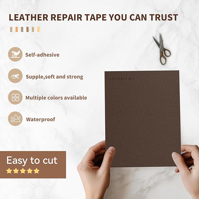 TIANLDD Leather Repair Tape,16 x 237 Inches Self Adhesive Leather Repair Patch，Leather Repair Kit for Furniture，Couches,Car Seats,Cabinets,Handbags(Dark Brown-Fine Lines)