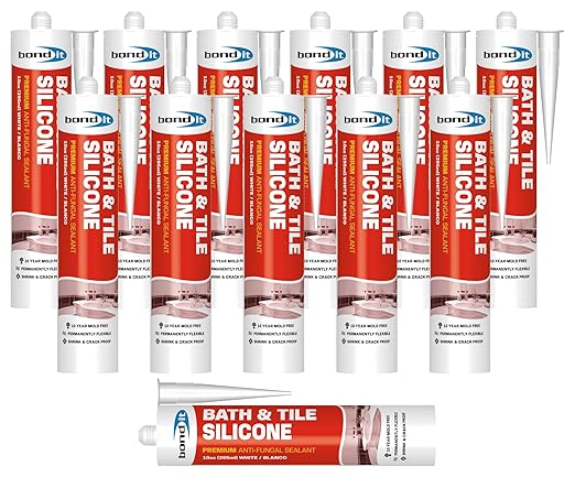 Bond It Bath & Tile Silicone, Premium Long Term Acetoxy Sealant, Waterproof Flexible Sanitary Silicone - Bathrooms, Kitchens, Showers, Tubs, Sinks, Countertops, Backsplashes, 10 oz, Pack of 12, White