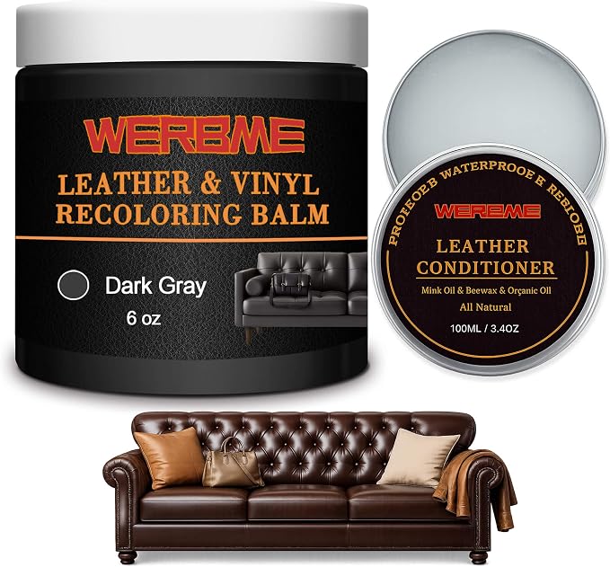 Leather Recoloring Balm & Mink Oil Leather Conditioner, Dark Gray | Restores faded leather, waterproof, scratch repair for couches, car seats, shoes & bags, Complete kit with mink oil & tools