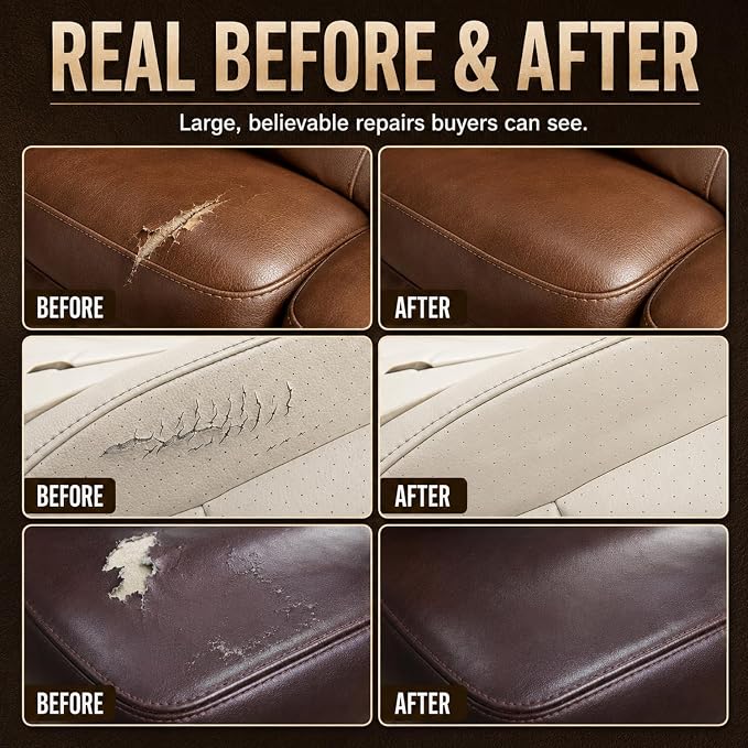 Leather & Vinyl Repair Kit for Car Seat & Interior, Furniture, Couch, Sofa | 10 Colors, No Skills Needed, for Scratch, Tear, Crack, Pet Damage, Hole on Faux Upholstery, Chair, Purse, Shoes, Jacket, RV