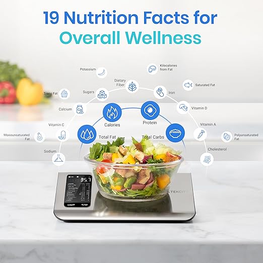 Etekcity Smart Food Kitchen Scale with Nutritional Calculator, Free App with 19 Nutrients Tracking, Calorie, Marco, Digital grams and ounces for weight loss, Premium Stainless Steel, 11lb