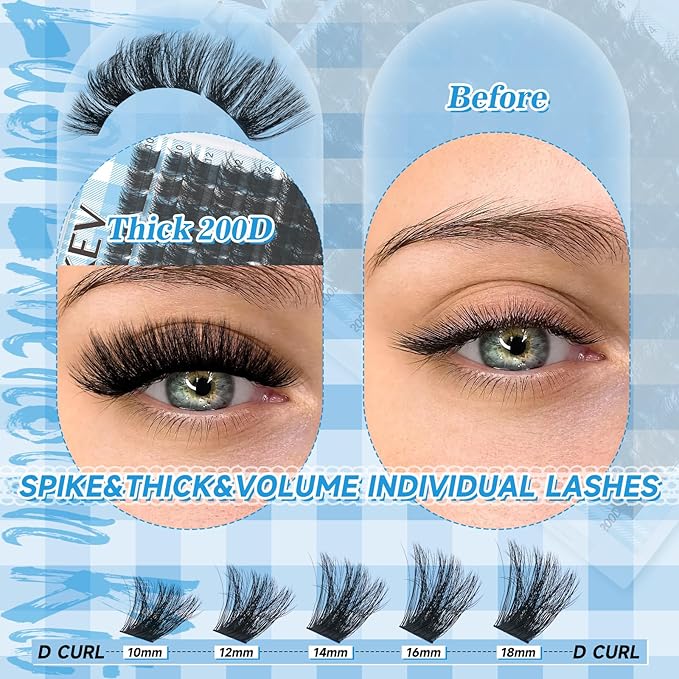 KEVKEV Lash Extension Kit 182pcs Volume Lash Clusters 200D Lash Clusters Kit 10-18mm Individual Lashes Kit With Lash Bond And Seal,Lash Tweezers Thick Lash Extension Kit DIY At Home(0.05D,200DD)