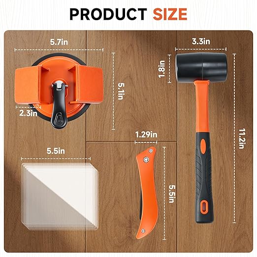Floor Gap Fixer Tool with Mallet, 45° Impact Design Laminate Flooring Tools, Floor Suction Cup Tool for Gaps with Cleaning Scraper & 5 Sticky Pads for Laminate, Lvp, Vinyl Plank Flooring