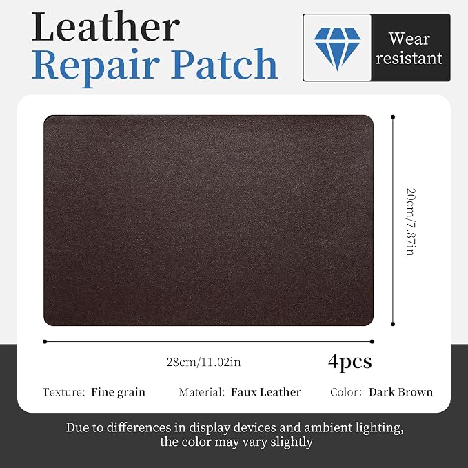 4 Pcs Leather Repair Patch Tape Self-Adhesive, 8x11In Heavy Duty Vinyl Patch, Leather Repair Kit for Furniture, Sofa, Couch, Office Chair, Car Seat, Car Interior (Dark Brown-Fine Grain)