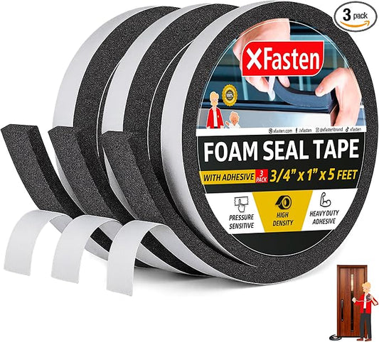 XFasten Black Foam Seal Tape with Adhesive, 3/4 Inches Thick 1-Inch X 5-Foot (3-Pack), High-Density Weather Strip Tape for Window, Door, Pipe and AC Insulation- Neoprene Insulation Foam Strip