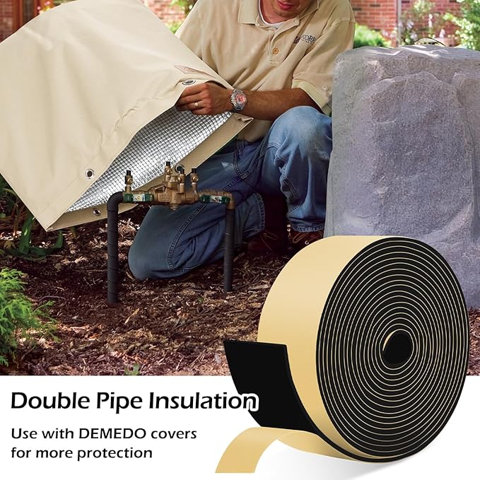 DEMEDO Pipe Insulation Tape, Pipe Wrap Insulation Foam Tape Self Adhesive, Outdoor Water Pipe Insulation Roll for HVAC, AC Line Insulation, 2 inch x 16.5 FT Heat Tape for Water Pipe, Black