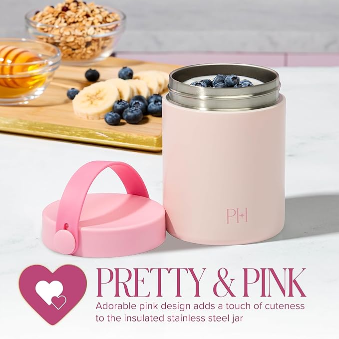 Paris Hilton Insulated Food Jar, Stainless Steel Vacuum Insulated Food Container with Folding Carry Handle, Leak-Proof Lid, 15-Ounce, Pink