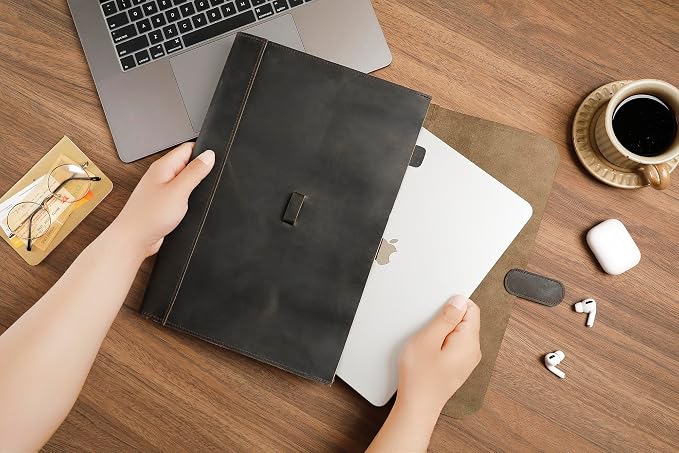 Genuine Leather File Folder, Accordian File Organizer, Leather Document Holder Resume Folio for Men & Women - Grey