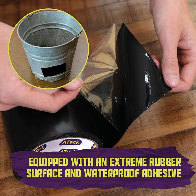 ATack Waterproof Patch and Seal Tape, Black, 4 Inches x 10 Feet, Water Barrier Tape for Stop Leak Repair on Pipes, Chimney, Roof, Boat, and HVAC