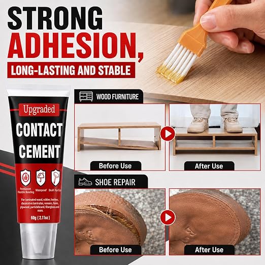 Contact Cement Adhesive 2.11 Oz, High Performance Neoprene Contact Adhesive with Brush, Flexible & Strong Contact Cement Glue for Woodworking, Leather, Furniture Repairs and DIY Crafts