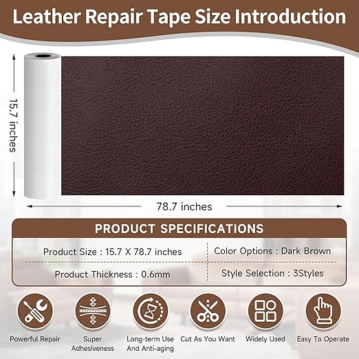 15.7 x 78.7in Dark Brown Leather Tape, self-Adhesive Leather Repair Patch, for car seat Repair, Vinyl Repair kit, Suitable for Sofas, Furniture, Seats,Strong Adhesive Leather Repair Tape
