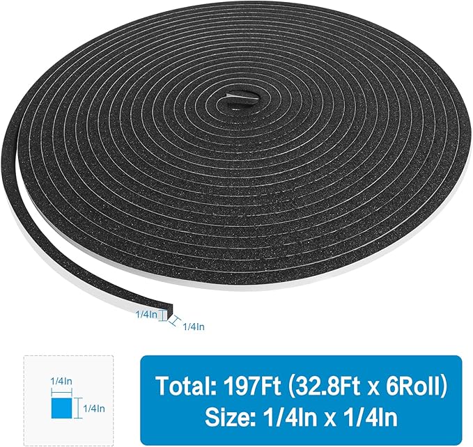 DGSL Foam Insulation Tape, 1/4In x 1/4In x 197Ft Weather Stripping Door Seal Strip for Doors and Windows,Sliding Doors, Soundproofing Door Seal,Weatherstrip,Air Conditioning Seal Strip