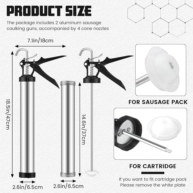 Lasnten 2 Pack Sausage Caulk Gun 20 oz Aluminum Sausage Caulking Gun Cordless Caulk Gun with 4 Cone Nozzles, 18: 1 Thrust, Aluminum Sealant Hand Caulk Gun Kit for Contractors