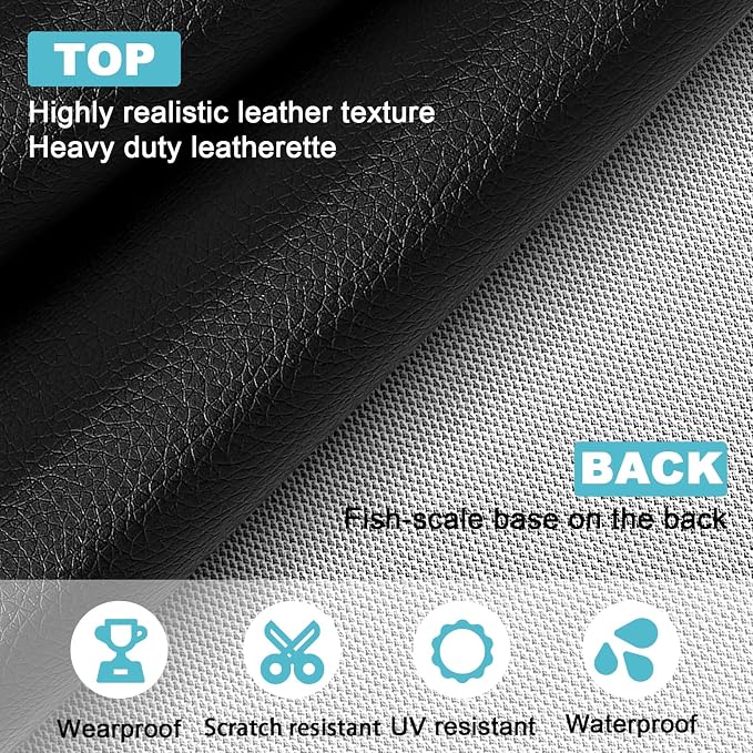 Black Faux Leather Fabric 19"x54" - Lychee Grain Waterproof Vinyl Leather, Heavy Duty Material for Furniture Upholstery, Marine Inspired Boat Seats, Car Interior and DIY Craft Projects
