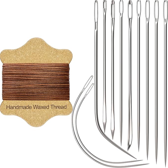 VONEEDL Upholstery Repair Kit: Waxed Sewing Thread (Brown Color) & Heavy Duty Needles (11 PCS) for Leather, Canvas & Quilting Thread