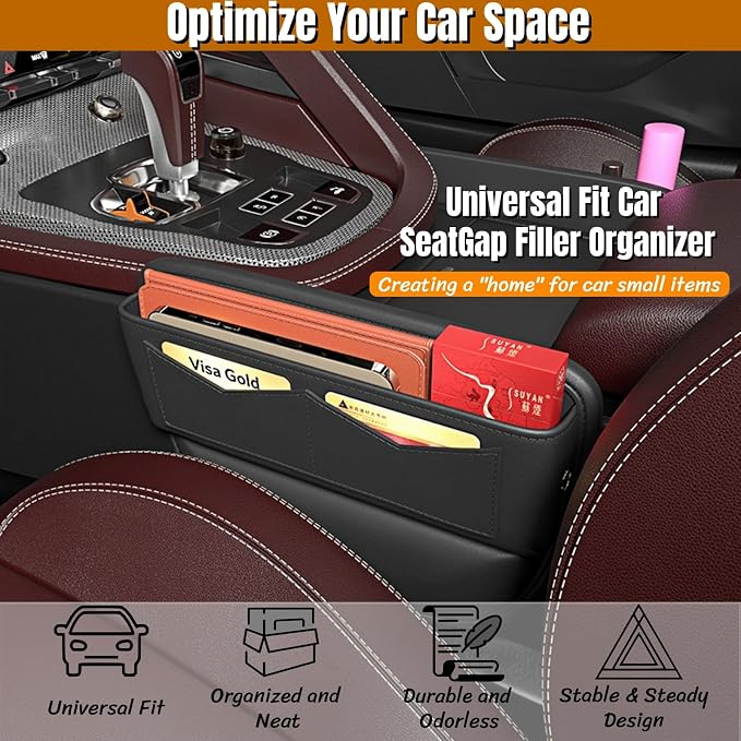 BLIRITEL Car Seat Gap Filler Organizer with Charging Hole, PU Leather Car Seat Gap Plug with Storage Slot, Car Console Side Organizer for Phone, Keys & Cards (Black-2 Pack)