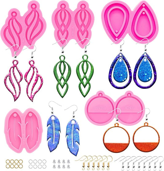 105Pcs Resin Molds Silicone Kit, 5pcs Earring Silicone Molds for Resin Jewelry Epoxy Casting Molds with Earring Hooks for DIY Unique Earrings Epoxy Resin Molds, Earring Jewellery Resin Craft