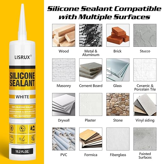 LISRUX Advanced Silicone Caulk for Window & Door, White, 15.2 fl oz Cartridge, 12 Pack - 100% Waterproof Silicone Sealant Indoor Outdoor Caulking, UV Resistant, Stronger Adhesion, Shrink & Crack Proof