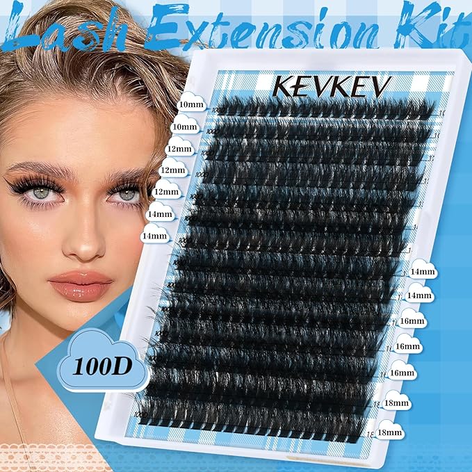 KEVKEV Lash Extension Kit 280pcs Volume Lash Clusters 100D Lash Clusters Kit 10-18mm Individual Lashes Kit With Lash Bond And Seal,Lash Tweezers Thick Lash Extension Kit DIY At Home(0.05D,100DD)