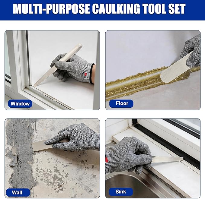 Caulking Spatula Set, 958-G01–7-Piece 304 Stainless Steel Caulking with Spatulas (Widths from 3/8" to 1-1/2") with Cut-Resistant Gloves, Professional-Grade Caulk Finishing Tool for Sealing Smoothing