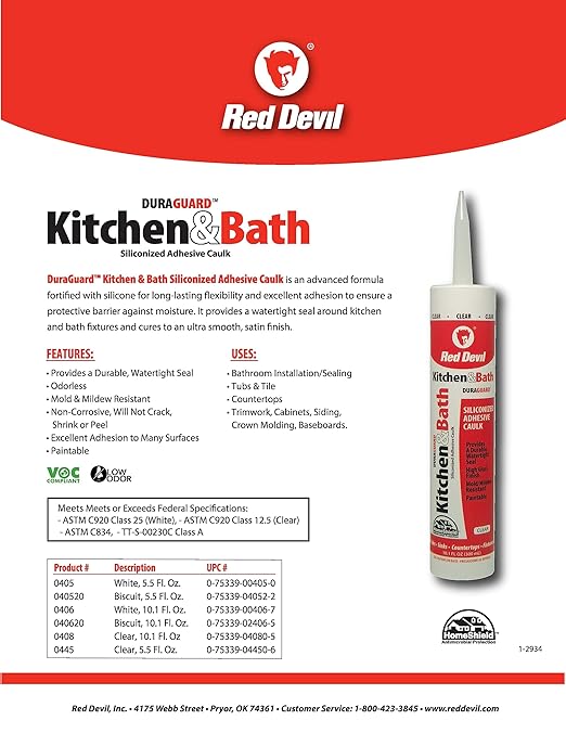 Red Devil 0445 Duraguard Kitchen & Bath Siliconized Acrylic Caulk, 5.5 oz. Squeeze Tube, Clear, 12 Pack, Made in USA