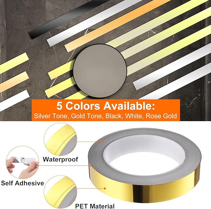 HARFINGTON 2Pcs Floor Tiles Gold Foil Lines Metallic Mirror Tape 0.79" x82 Ft Ft Self Adhesive Decor Floor Wall Seam Sticker Waterproof Gap Sealing Tape for Kitchen Bathroom Cabinet