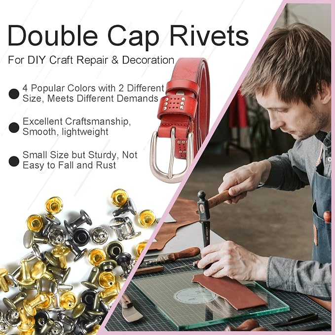 400Sets Leather Rivets Kit, 6mm & 8mm Double Round Cap Rivets, Tubular Metal Rivets with 3 Punch Rivet Setting Tool Rivets for Leather Purse Clothing Dog Collar Repair Hardware (4 Color & 2 Size)