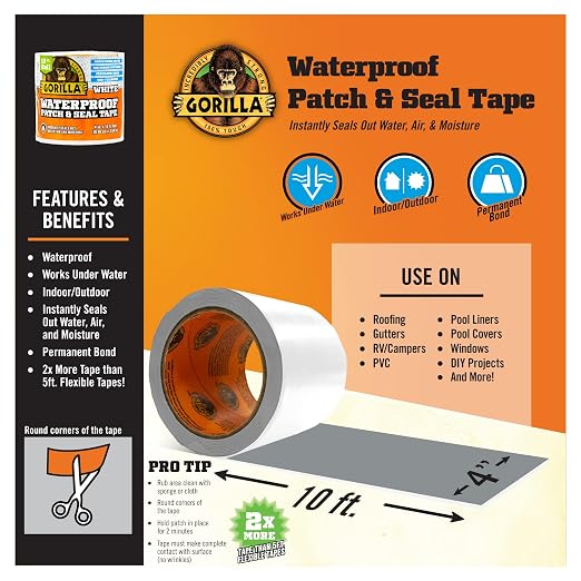 Gorilla Waterproof Patch & Seal Tape, White Tape, 4" x 10' - Permanent Weather Resistant Seal for Leaks and Repairs (Pack of 16)