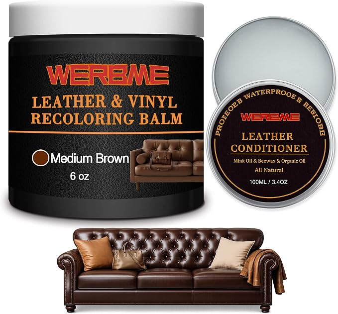 Leather Recoloring Balm & Mink Oil Leather Conditioner, Medium Brown | Restores faded leather, waterproof, scratch repair for couches, car seats, shoes & bags, complete kit with mink oil & tools